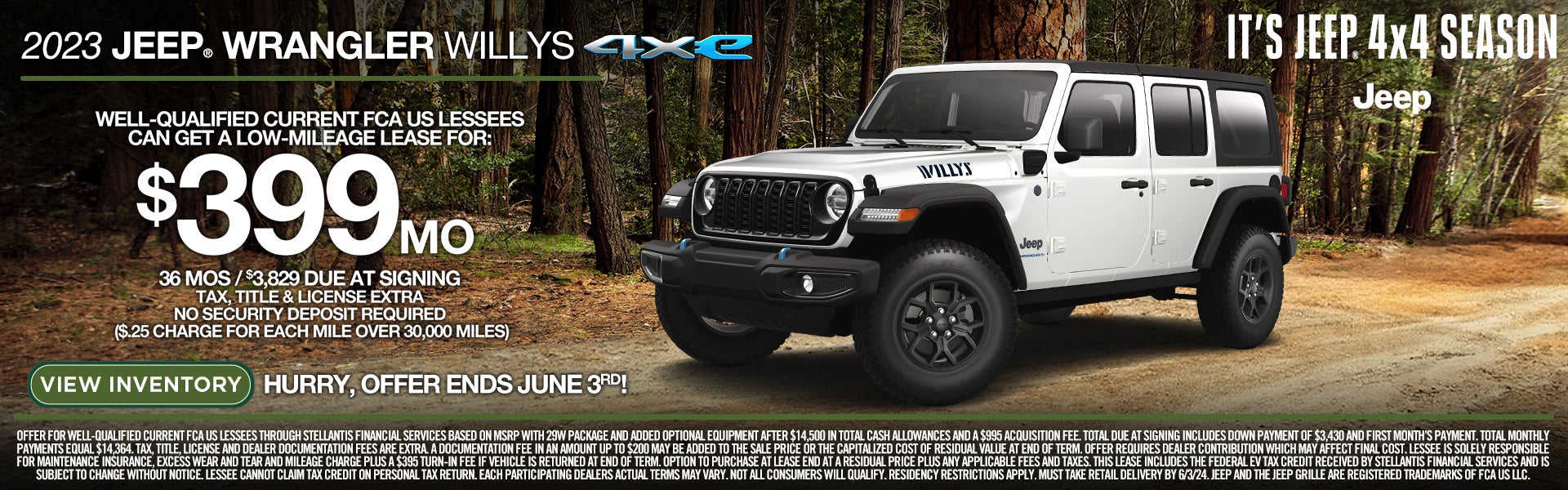 Jeep Wrangler 4xe Lease starts at $399/mo for current lessee