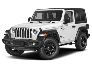 White two-door Jeep Wrangler with a black hardtop, black fenders, and black wheels, angled to the left.