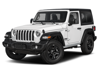 White two-door Jeep Wrangler with a black hardtop, black fenders, and black wheels, angled to the left.