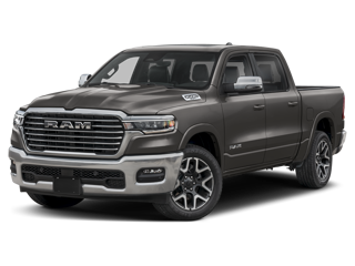 A dark gray Ram 1500 truck, viewed from the front quarter angle, on a black background.
