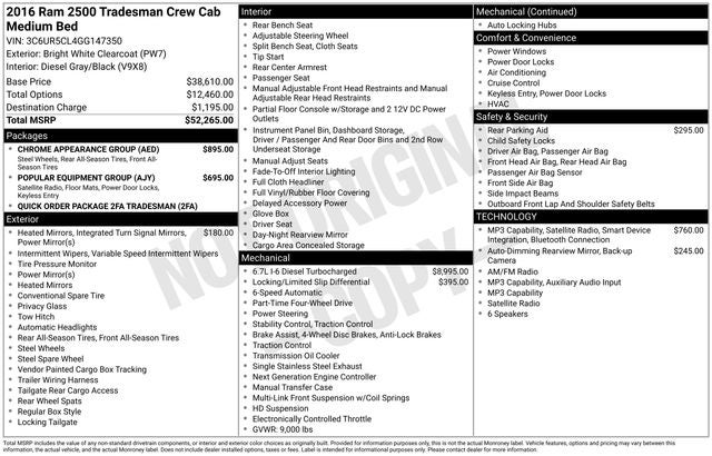 2016 RAM 2500 6.7L DIESEL