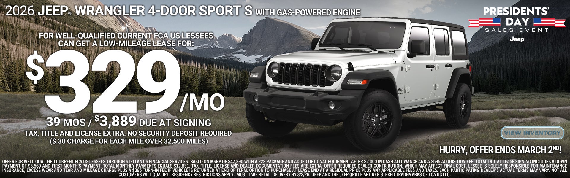 Lease a new 2026 Jeep Wrangler for around $329/mo