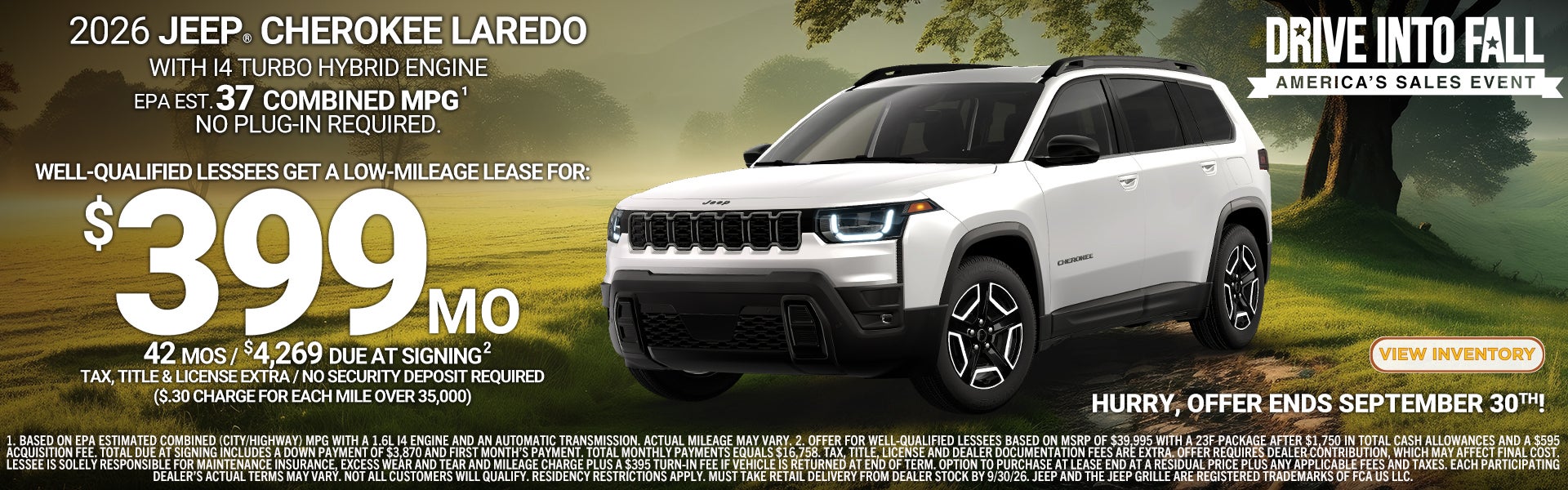Lease new 2026 Jeep Cherokee for $399/mo
